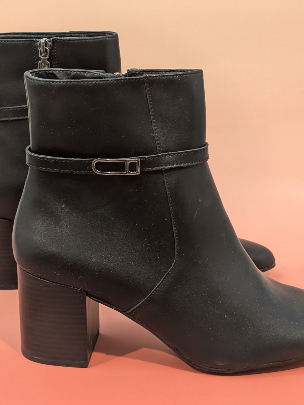 Aqua Black Leather Ankle Boots with Buckle Strap